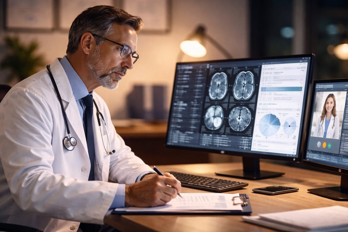 Physician reviewing medical imaging on a screen, representing expert second opinion consultations