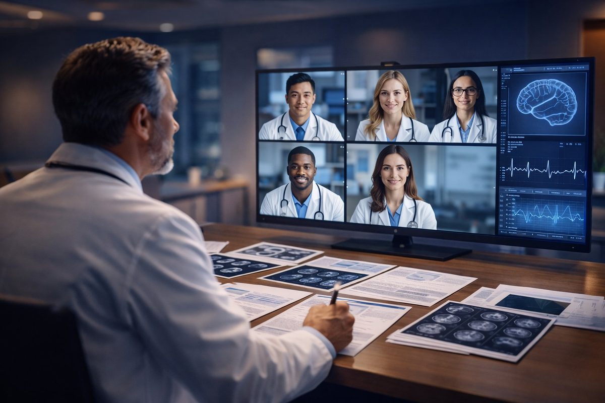 International team of physicians collaborating in a video consultation